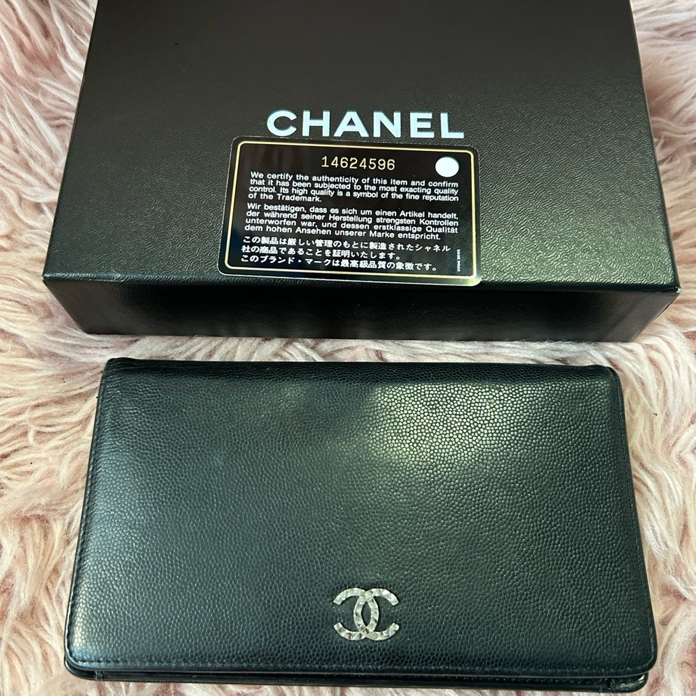 CHANEL Black Leather Clutch with Silver Logo Authentic